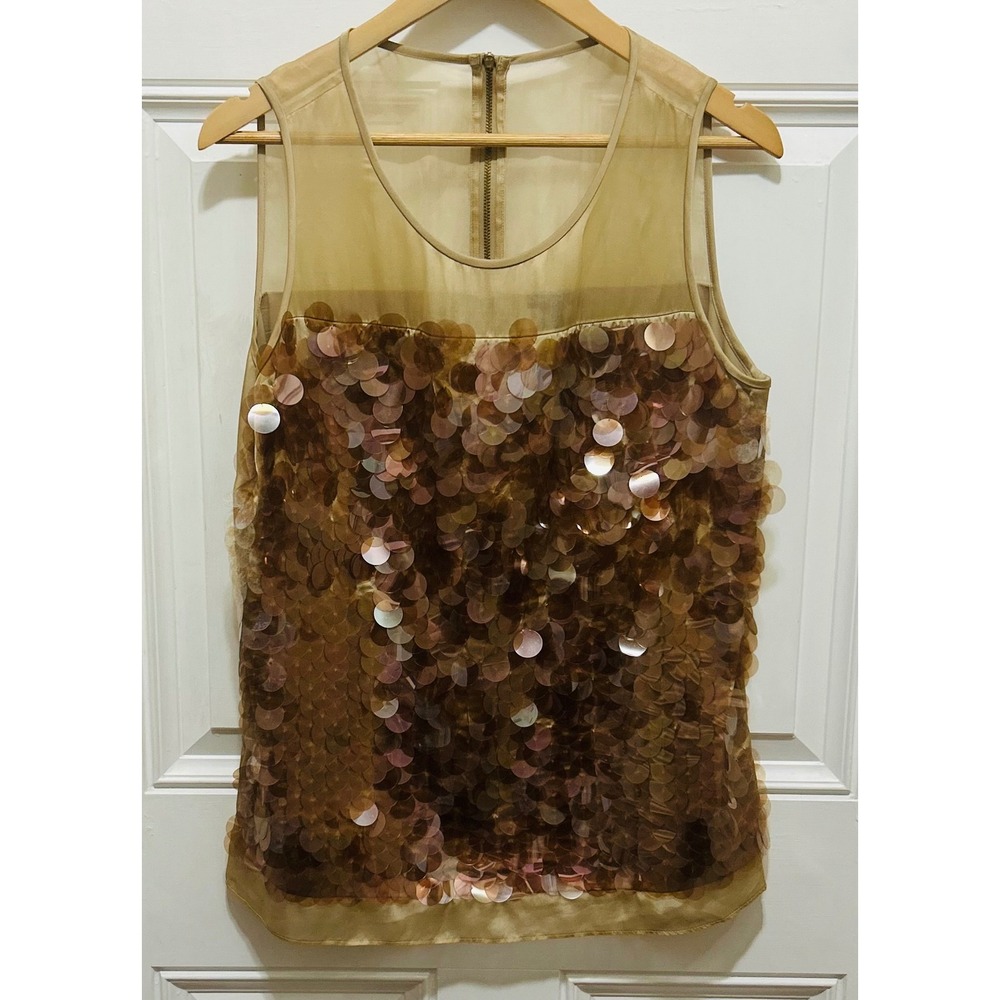 Ann‎ Taylor Sequins Sheer Overlay Tank Top Gold Metallic Women's Size 12